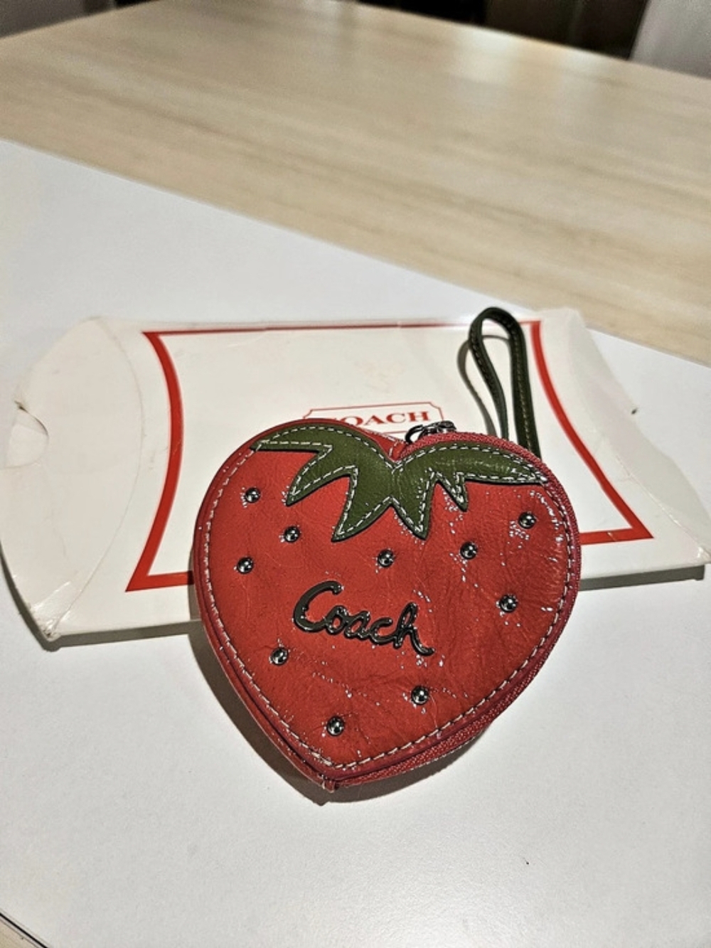 Coach Strawberry Heart Coin Case in Red & Green Leather